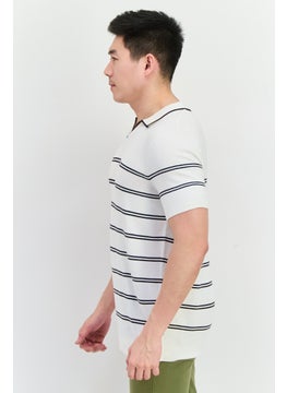 French Connection Men Spread Collar Short Sleeve Stripe Sweater, White  - Image 2