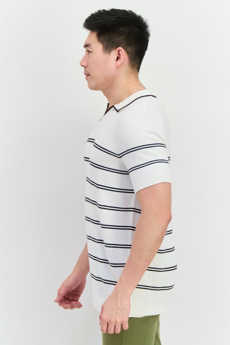 French Connection Men Spread Collar Short Sleeve Stripe Sweater, White  - Image 2