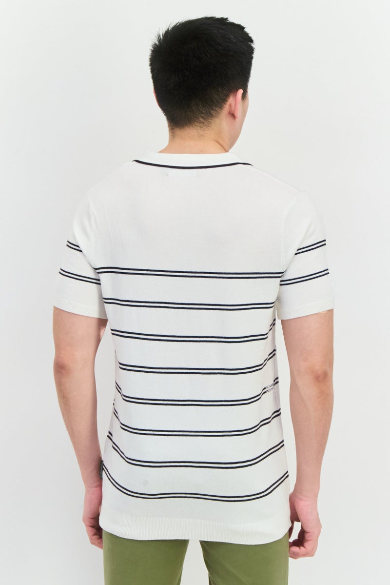 French Connection Men Spread Collar Short Sleeve Stripe Sweater, White  - Image 3