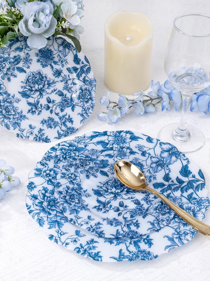 WDF 20PCS Blue Plastic Plates - Baroque White and Blue Plates - Chinoiserie Floral Party Decorations for Birthday/Tea Party/Easter - Image 4