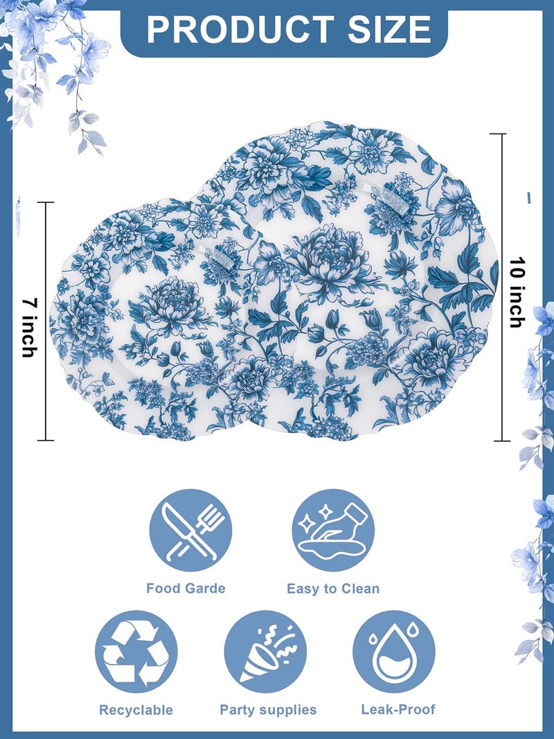 WDF 20PCS Blue Plastic Plates - Baroque White and Blue Plates - Chinoiserie Floral Party Decorations for Birthday/Tea Party/Easter - Image 2