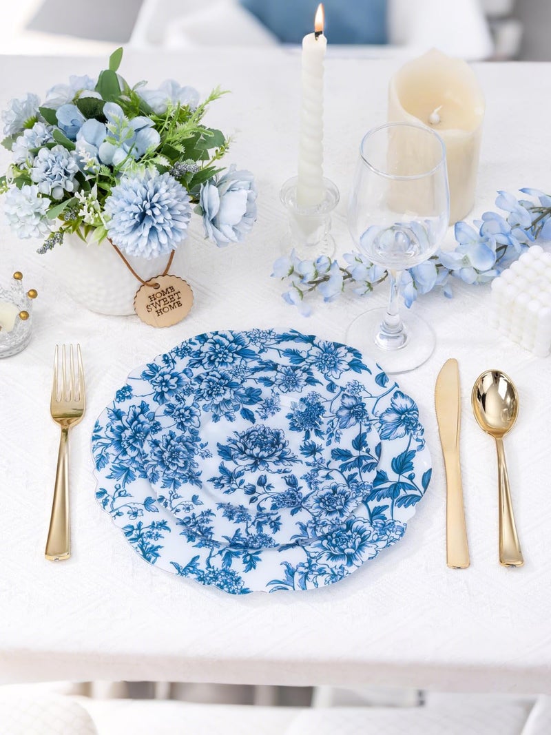 WDF 20PCS Blue Plastic Plates - Baroque White and Blue Plates - Chinoiserie Floral Party Decorations for Birthday/Tea Party/Easter - Image 3
