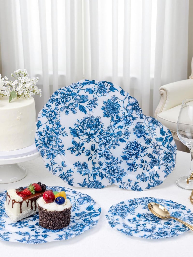 WDF 20PCS Blue Plastic Plates - Baroque White and Blue Plates - Chinoiserie Floral Party Decorations for Birthday/Tea Party/Easter - Image 5