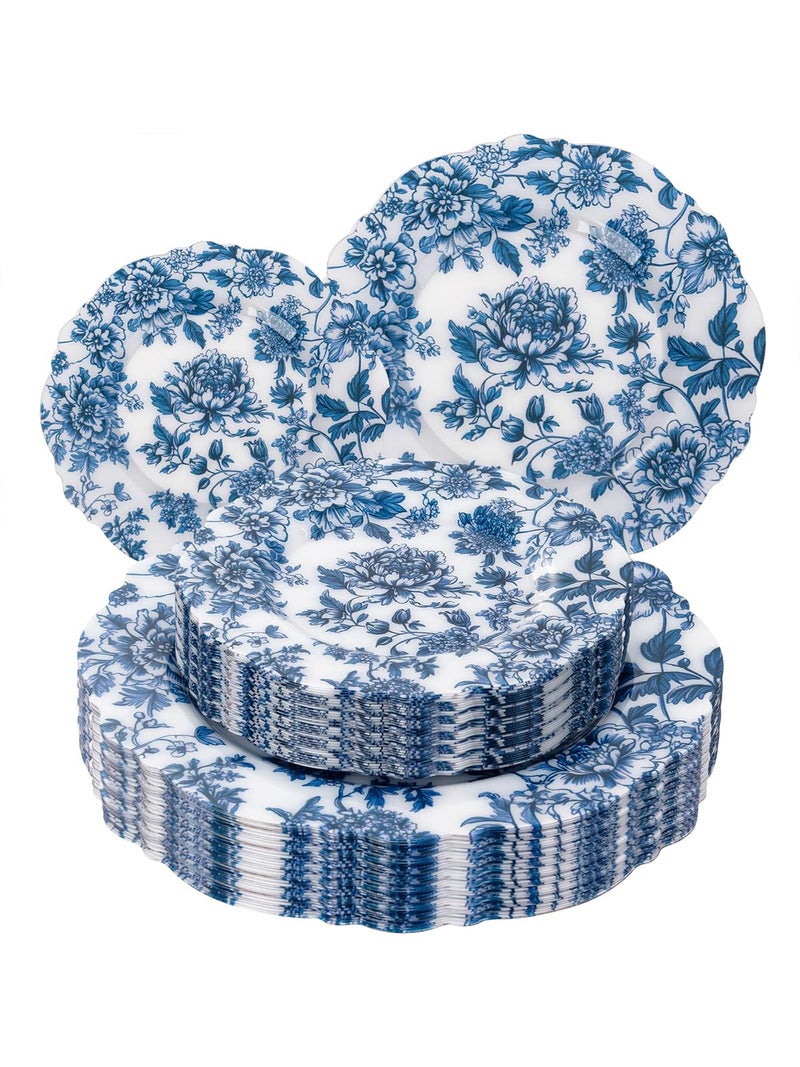 WDF 20PCS Blue Plastic Plates - Baroque White and Blue Plates - Chinoiserie Floral Party Decorations for Birthday/Tea Party/Easter - Image 1