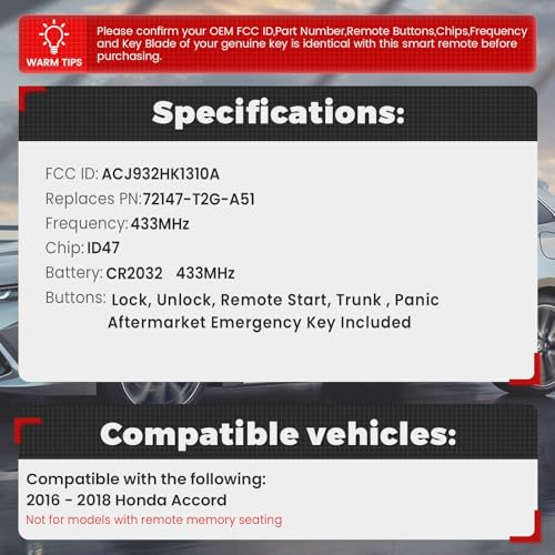 Beefunny Replacement Remote Keyless Entry Key Fob for Honda Accord 2016 2017 2018 FCC ID:ACJ932HK1310A PN: 72147-T2G-A51 5Buttons 433MHz - Image 2