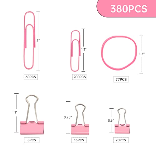 DANRONG Pink Binder Clips Paper Clips,380 PCS Assorted Sizes Paperclips Paper Clamps Rubber Bands for Files, Papers, Home Supplies (Pink) - Image 2
