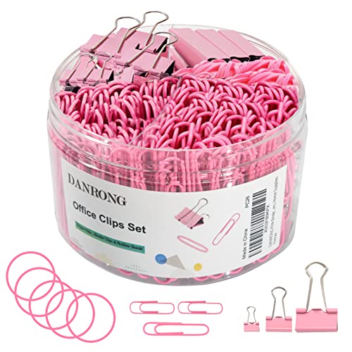 DANRONG Pink Binder Clips Paper Clips,380 PCS Assorted Sizes Paperclips Paper Clamps Rubber Bands for Files, Papers, Home Supplies (Pink) - Image 1