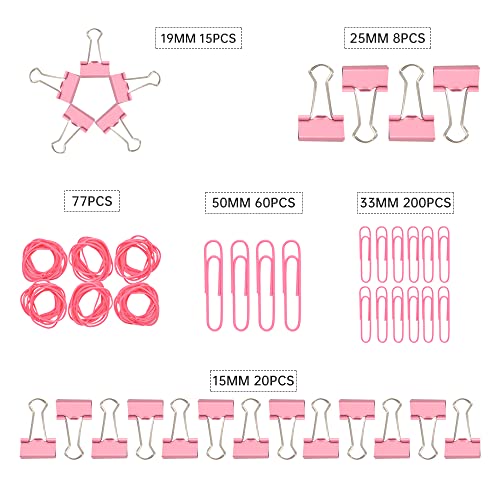 DANRONG Pink Binder Clips Paper Clips,380 PCS Assorted Sizes Paperclips Paper Clamps Rubber Bands for Files, Papers, Home Supplies (Pink) - Image 3