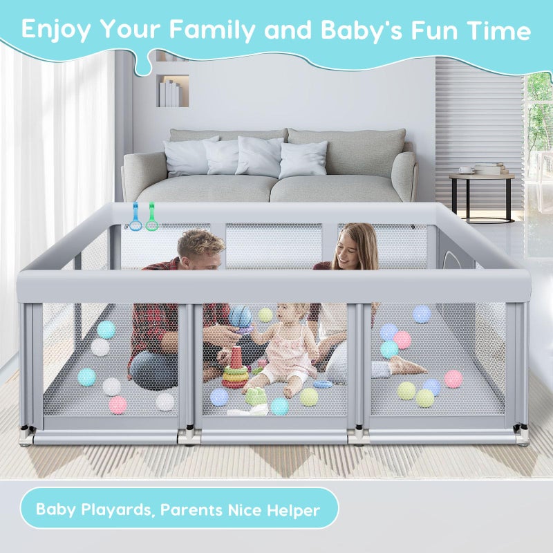 Fshibila 74" Ã—50" Large Baby Playpen, Baby Playard for Babies and Toddlers, PlayPen for Indoor & Outdoor, Sturdy Safety Play Yard with Soft Breathable Mesh, Anti-Fall, Ball x 18, Handle x 2, Grey - Image 2