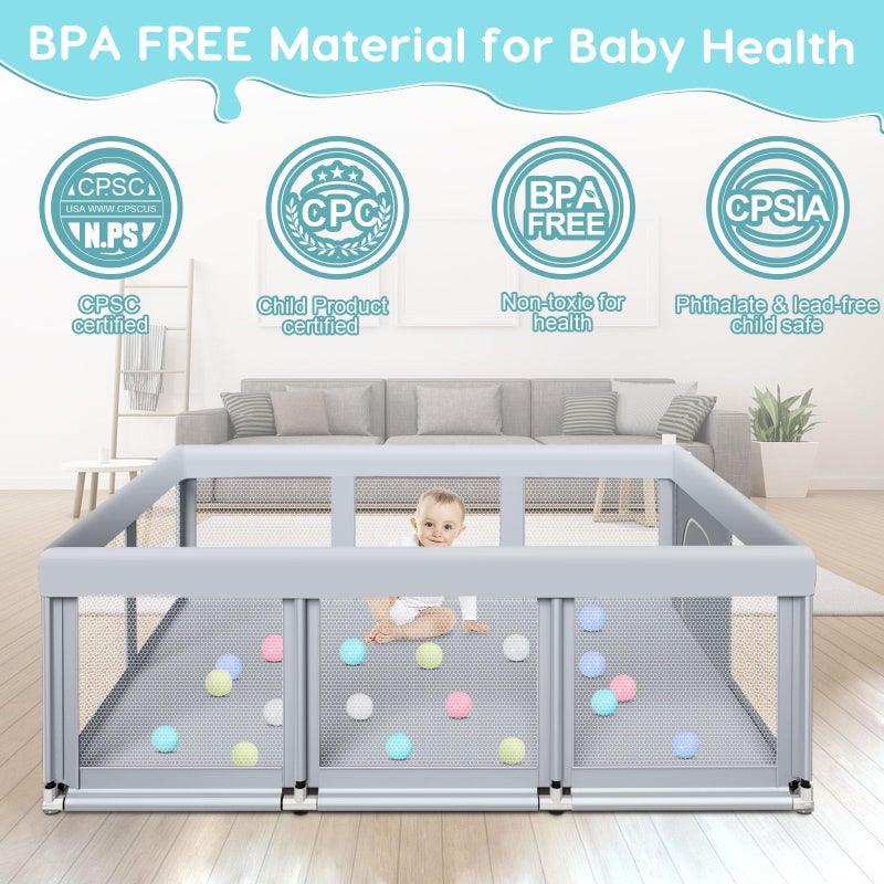 Fshibila 74" Ã—50" Large Baby Playpen, Baby Playard for Babies and Toddlers, PlayPen for Indoor & Outdoor, Sturdy Safety Play Yard with Soft Breathable Mesh, Anti-Fall, Ball x 18, Handle x 2, Grey - Image 5