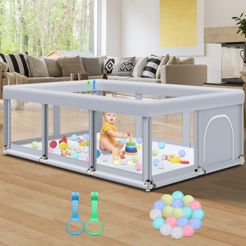 Fshibila 74" Ã—50" Large Baby Playpen, Baby Playard for Babies and Toddlers, PlayPen for Indoor & Outdoor, Sturdy Safety Play Yard with Soft Breathable Mesh, Anti-Fall, Ball x 18, Handle x 2, Grey - Image 1