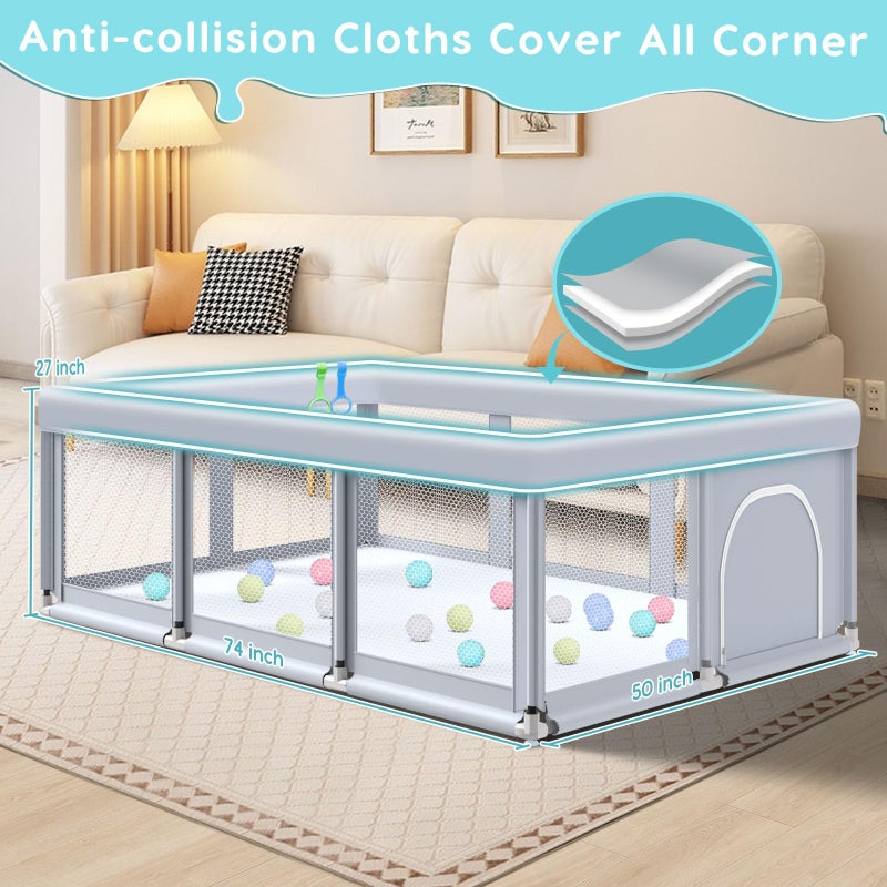 Fshibila 74" Ã—50" Large Baby Playpen, Baby Playard for Babies and Toddlers, PlayPen for Indoor & Outdoor, Sturdy Safety Play Yard with Soft Breathable Mesh, Anti-Fall, Ball x 18, Handle x 2, Grey - Image 4