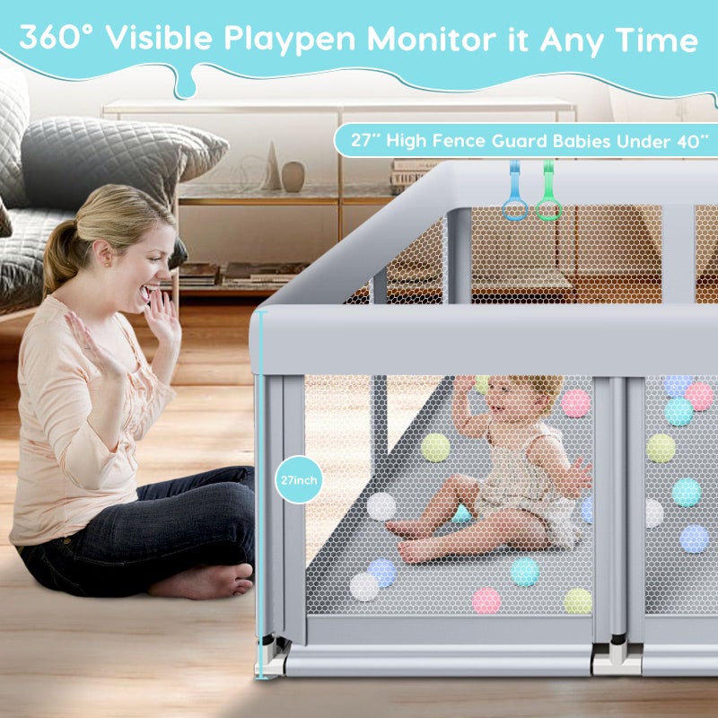 Fshibila 74" Ã—50" Large Baby Playpen, Baby Playard for Babies and Toddlers, PlayPen for Indoor & Outdoor, Sturdy Safety Play Yard with Soft Breathable Mesh, Anti-Fall, Ball x 18, Handle x 2, Grey - Image 3