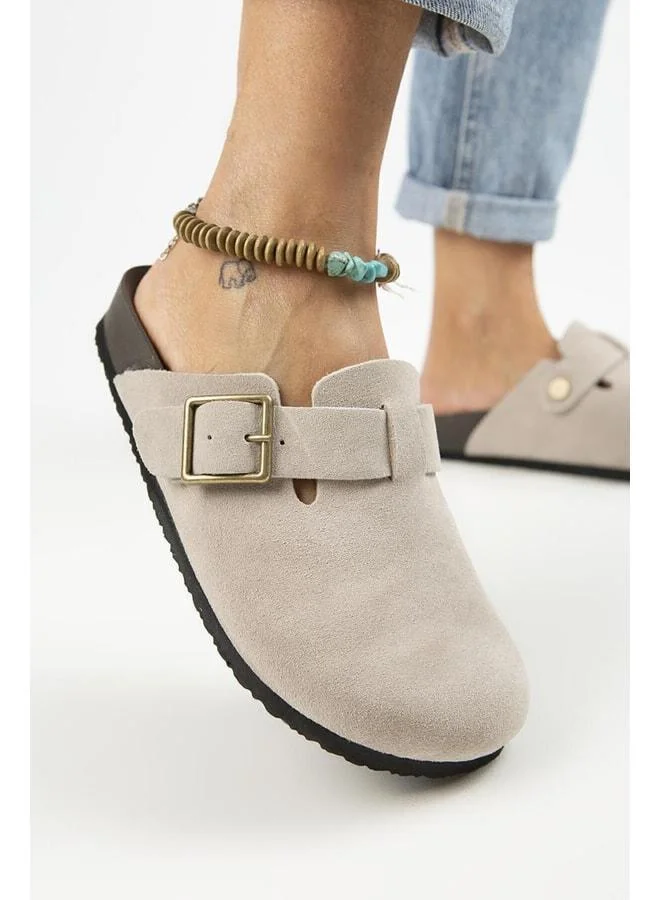 Zeta 2 Women's Genuine Leather Clogs with Buckle and Belt, Beige - Beige
