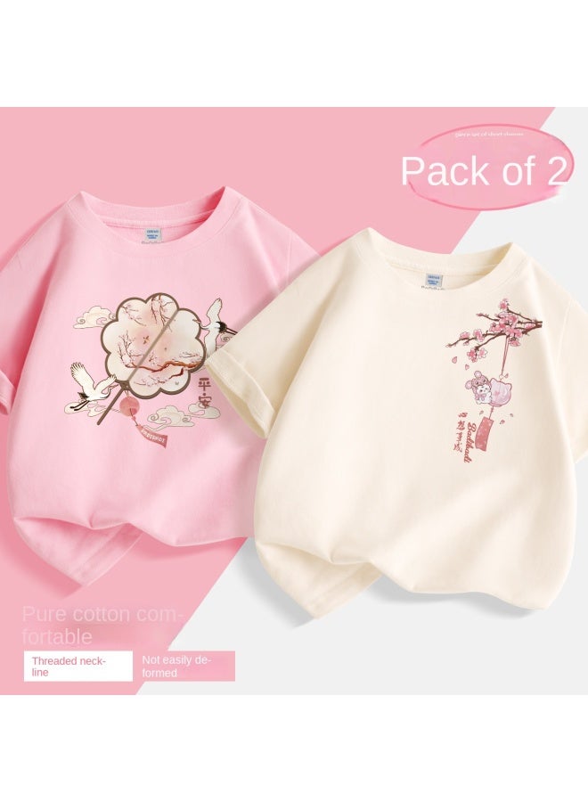 Badibadi Two-pack Short Sleeves】girls' Summer Outfits 2025, Chinese Style Cotton Tops For Big Kids - Image 2
