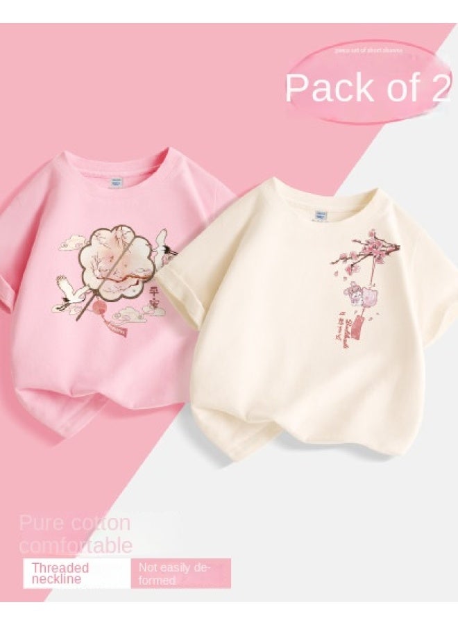 Badibadi Two-pack Short Sleeves】girls' Summer Outfits 2025, Chinese Style Cotton Tops For Big Kids - Image 1