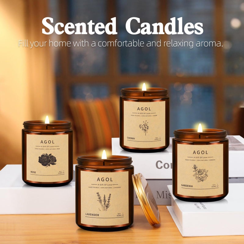AGOL 4 Pack Scented Candles for Home, 36 Oz 200 Hours Burn, Luxury Amber Jar Natural Soy Candles, Aromatherapy Candles Set, Candles Gift for Women Men Birthday Thanksgiving Christmas, Spa, Sleep,Yoga,Read - Image 2