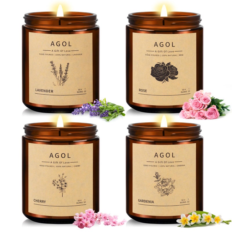 AGOL 4 Pack Scented Candles for Home, 36 Oz 200 Hours Burn, Luxury Amber Jar Natural Soy Candles, Aromatherapy Candles Set, Candles Gift for Women Men Birthday Thanksgiving Christmas, Spa, Sleep,Yoga,Read - Image 1