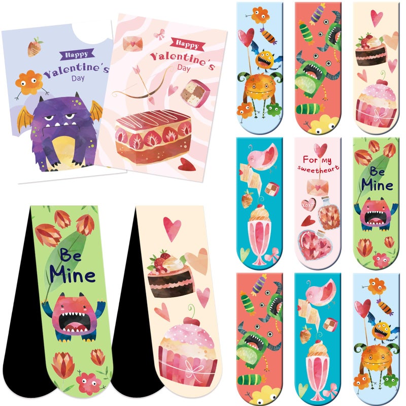 WorldBazaar 36 Pack Valentine's Day Magnetic Bookmarks for Kids with Cards Valentine Monster Dessert Bookmarks School Classroom Exchange Gift for School Classroom Party Favors - Image 1