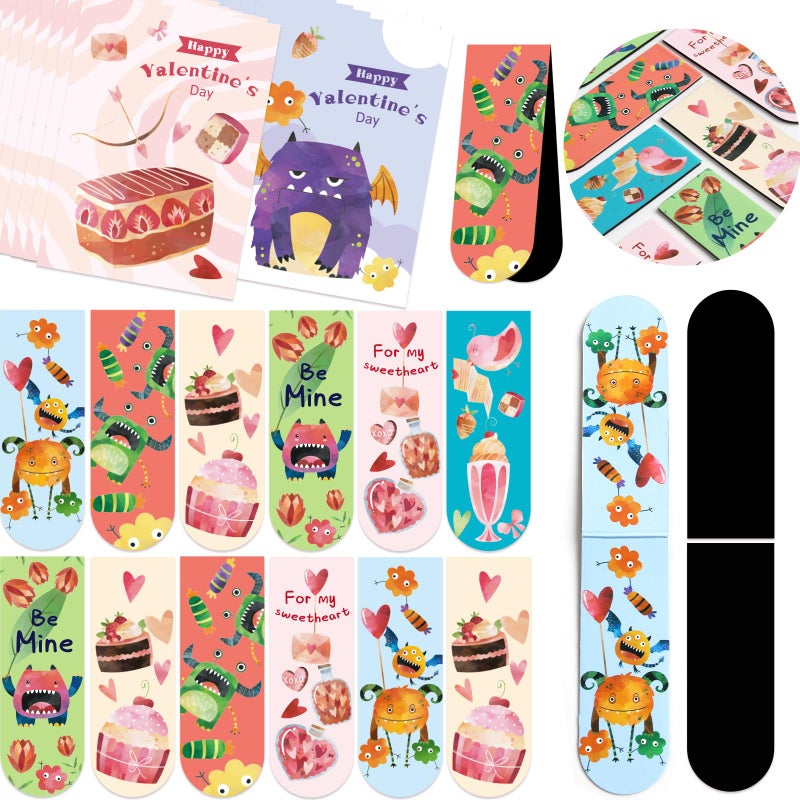 WorldBazaar 36 Pack Valentine's Day Magnetic Bookmarks for Kids with Cards Valentine Monster Dessert Bookmarks School Classroom Exchange Gift for School Classroom Party Favors - Image 3