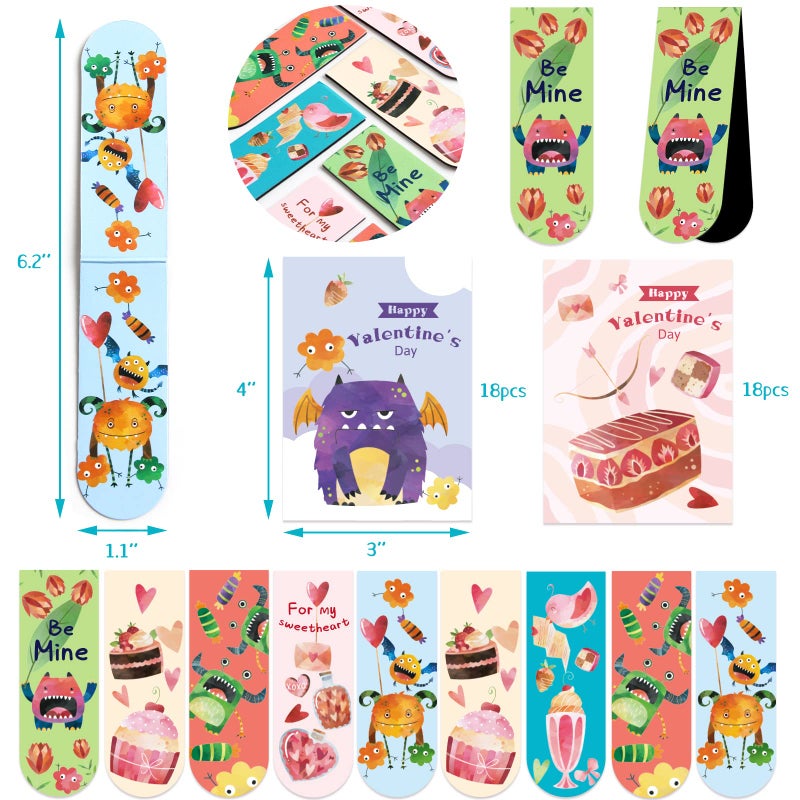 WorldBazaar 36 Pack Valentine's Day Magnetic Bookmarks for Kids with Cards Valentine Monster Dessert Bookmarks School Classroom Exchange Gift for School Classroom Party Favors - Image 2