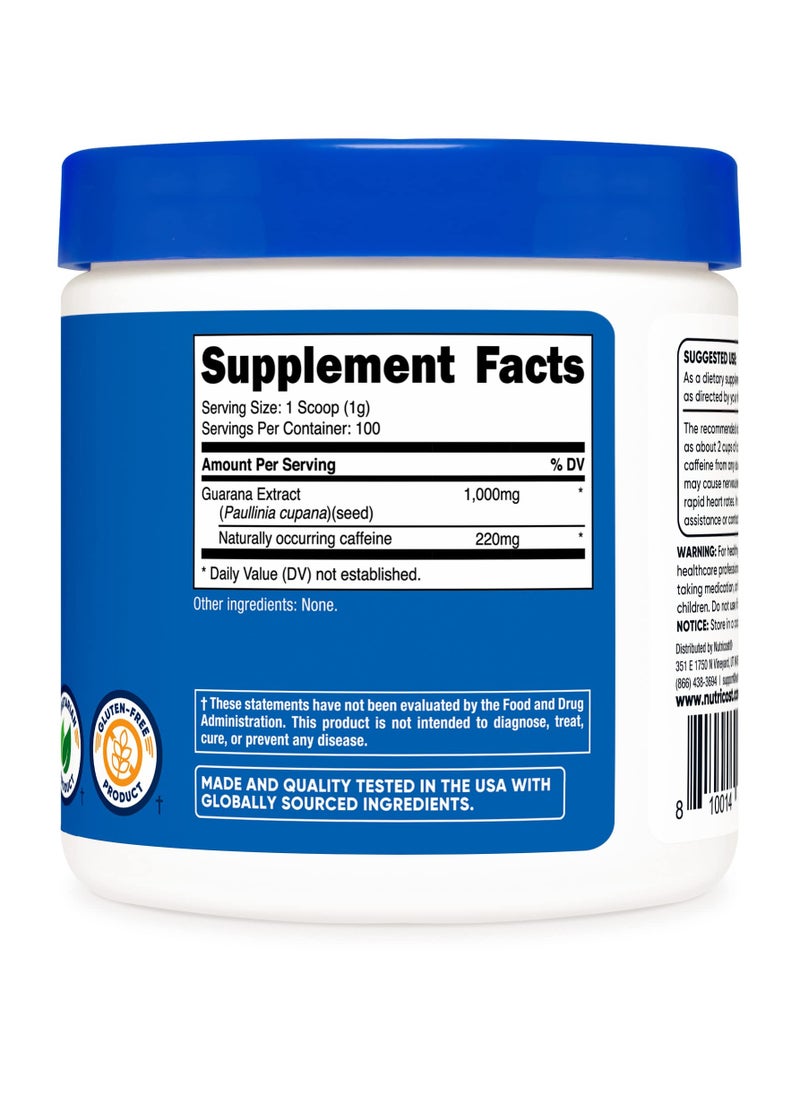 Nutricost - Guarana Powder 220 mg of Natural Caffeine, 1G Per Serving, 100 Servings, Net Wt. 3.5 Oz (100 G) Dietary Supplement - Image 1