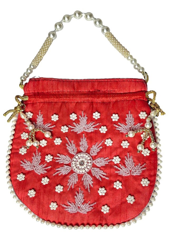 ATHZ Silver Embedded Beads and Bright Red Color Fabric Ladies Wedding Potli Bag for Women and Girls Lehenga Choli Ghaghra Sharara Party Accessories - Image 3