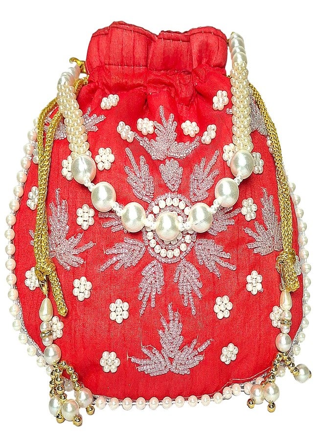ATHZ Silver Embedded Beads and Bright Red Color Fabric Ladies Wedding Potli Bag for Women and Girls Lehenga Choli Ghaghra Sharara Party Accessories - Image 2