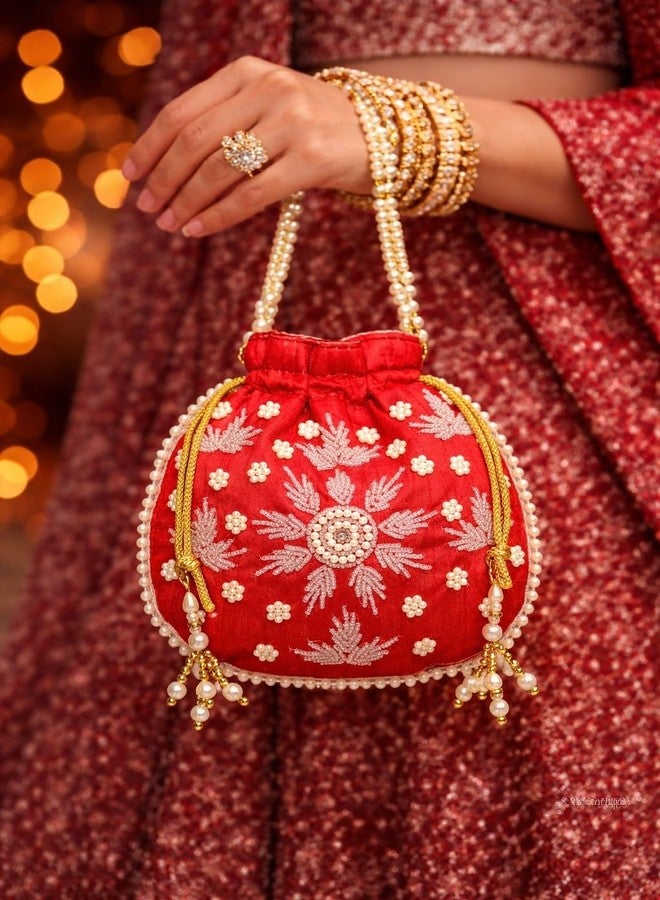 ATHZ Silver Embedded Beads and Bright Red Color Fabric Ladies Wedding Potli Bag for Women and Girls Lehenga Choli Ghaghra Sharara Party Accessories - Image 5