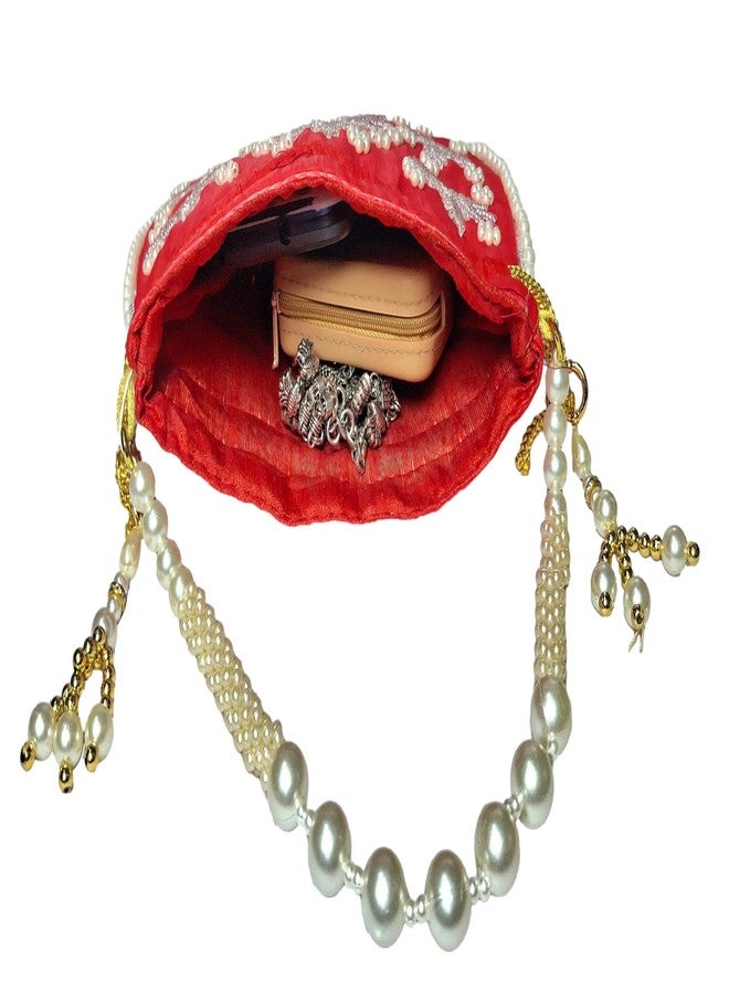 ATHZ Silver Embedded Beads and Bright Red Color Fabric Ladies Wedding Potli Bag for Women and Girls Lehenga Choli Ghaghra Sharara Party Accessories - Image 4