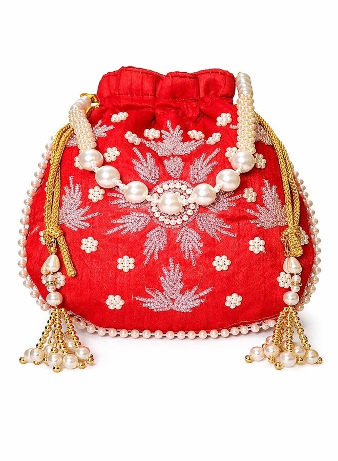 ATHZ Silver Embedded Beads and Bright Red Color Fabric Ladies Wedding Potli Bag for Women and Girls Lehenga Choli Ghaghra Sharara Party Accessories - Image 1