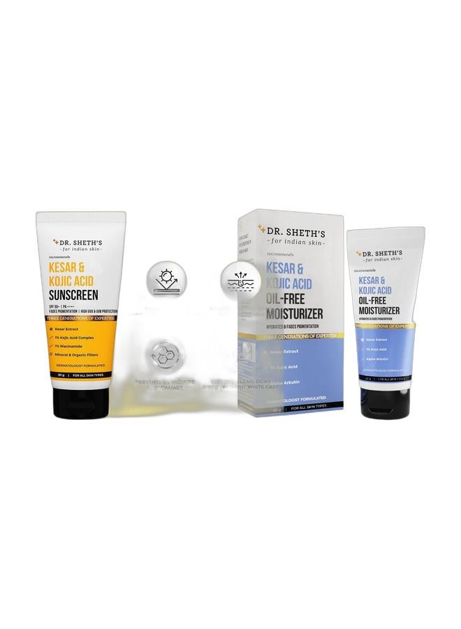 دكتور شيث مجموعة العناية بالبشرة من دكتور شيث، كيسار وحمض الكوجيك - مرطب خالٍ من الزيوت ٥٠ غ وواقي شمس خالٍ من الزيوت بعامل حماية من الشمس ٥٠ PA++++ ٥٠ غ لبشرة رطبة ومشرقة وموحدة اللون وخالية من التصبغات والبقع - Image 1
