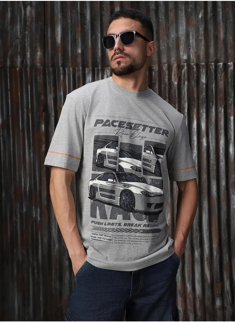 HIGH STAR Men's Grey 100% Cotton Printed Relaxed Fit T-Shirt