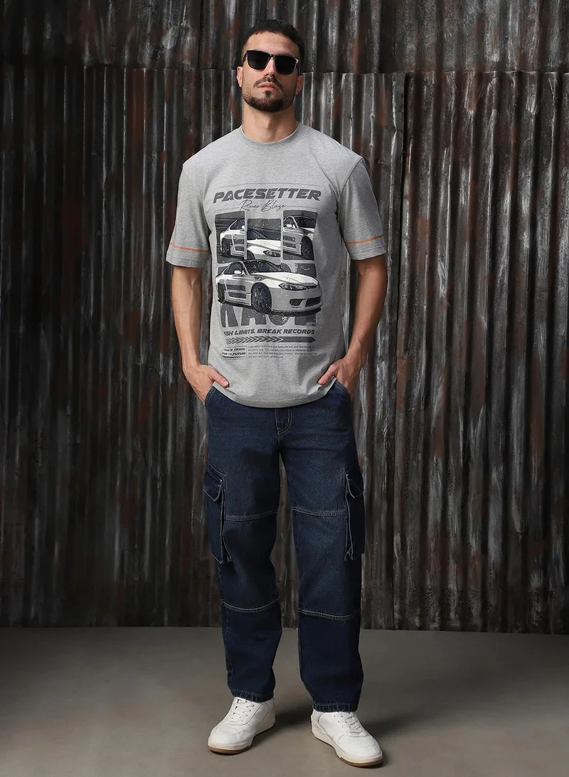 HIGH STAR Men's Grey 100% Cotton Printed Relaxed Fit T-Shirt