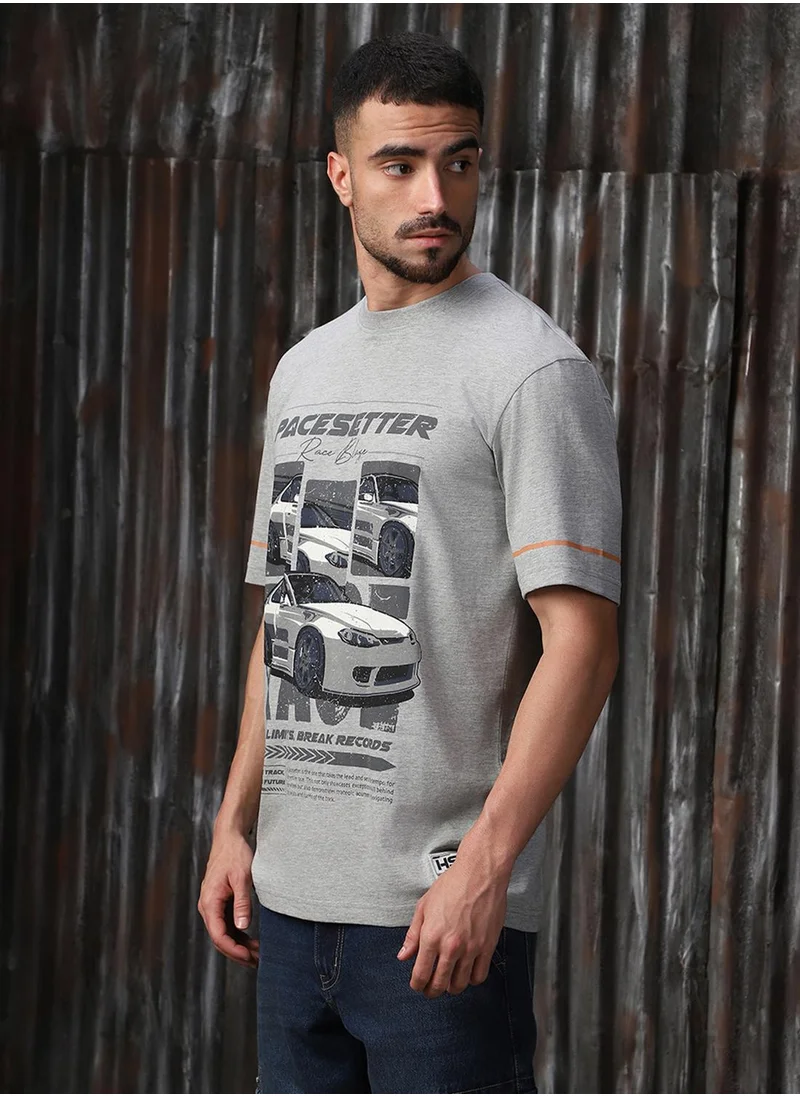 HIGH STAR Men's Grey 100% Cotton Printed Relaxed Fit T-Shirt