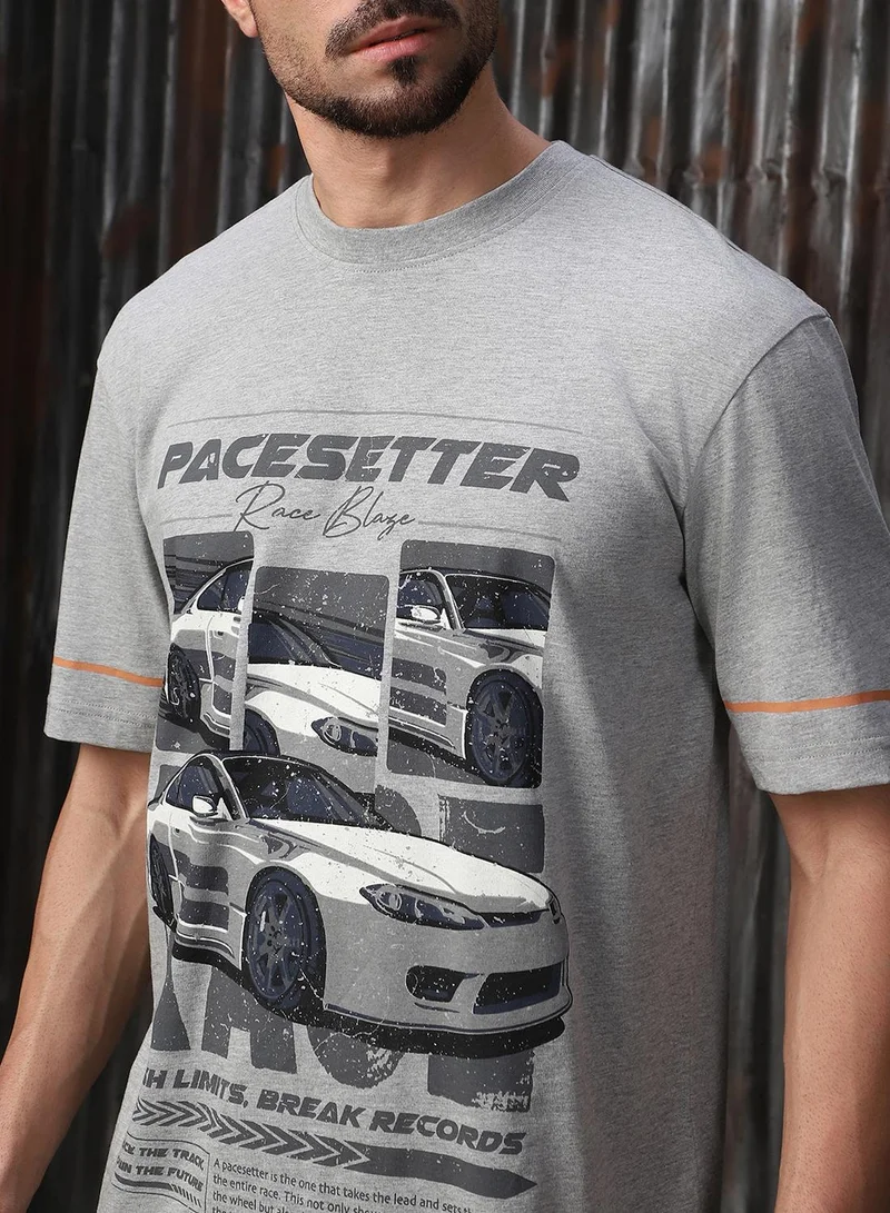 HIGH STAR Men's Grey 100% Cotton Printed Relaxed Fit T-Shirt