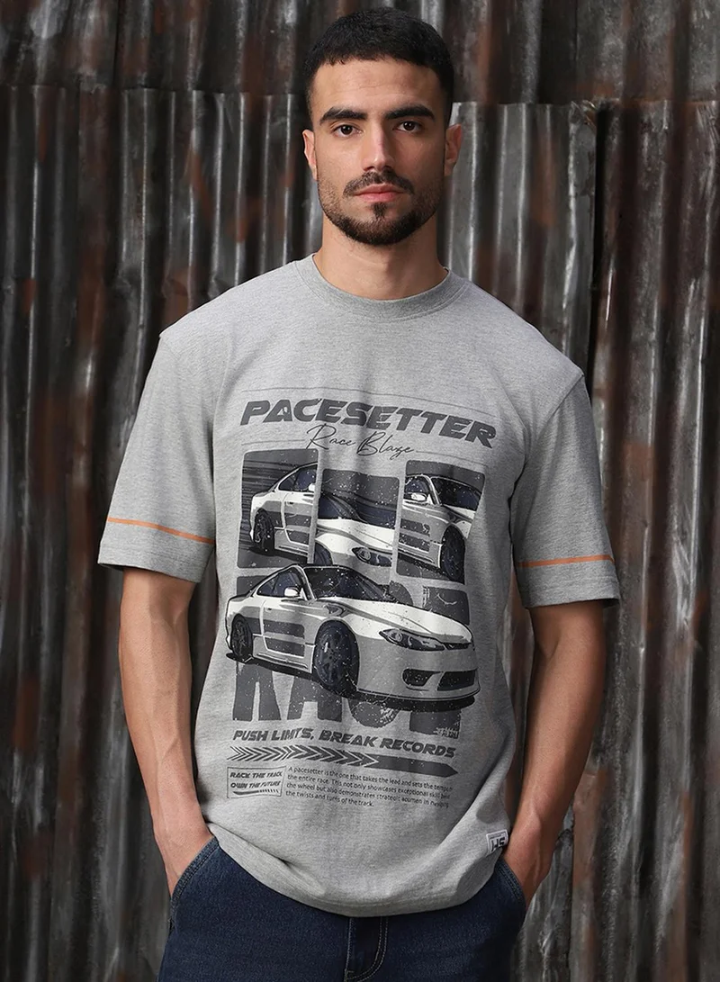 HIGH STAR Men's Grey 100% Cotton Printed Relaxed Fit T-Shirt