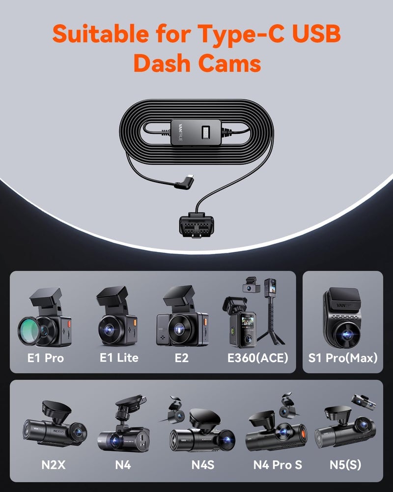 Vantrue 10Ft USB-C OBD Hardwire Power Cable with LED Screen and Low Voltage Protection - Image 3