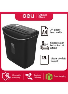 Deli E9945 Paper Shredder, 6-Sheet Capacity, 2-Min Continuous Run Time, 12L Bin, 4×30mm Cross-Cut, Noise ≤80dB, Shreds Paper Clips & Staples, Black