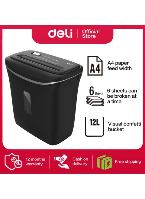 Deli E9945 Paper Shredder, 6-Sheet Capacity, 2-Min Continuous Run Time, 12L Bin, 4×30mm Cross-Cut, Noise ≤80dB, Shreds Paper Clips & Staples, Black
