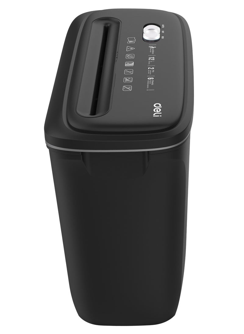 Deli - Deli E9945 Paper Shredder, 6-Sheet Capacity, 2-Min Continuous Run Time, 12L Bin, 4×30mm Cross-Cut, Noise ≤80dB, Shreds Paper Clips & Staples, Black - Image 1