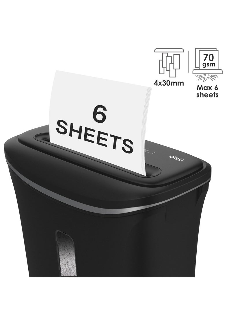 Deli - Deli E9945 Paper Shredder, 6-Sheet Capacity, 2-Min Continuous Run Time, 12L Bin, 4×30mm Cross-Cut, Noise ≤80dB, Shreds Paper Clips & Staples, Black - Image 1