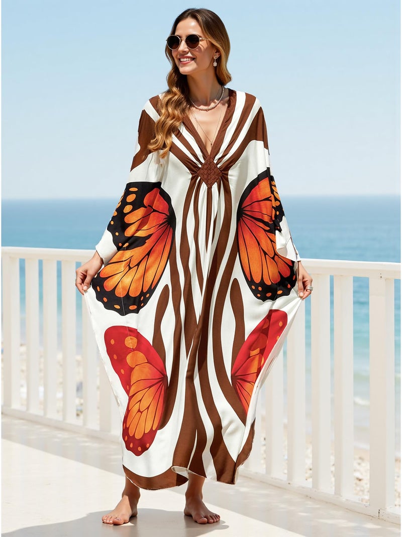 KECVOT Plus Size Women's Kaftan V-Neck Summer Maxi Swimsuit Coverup Moo Moos Beach Dress - Image 3