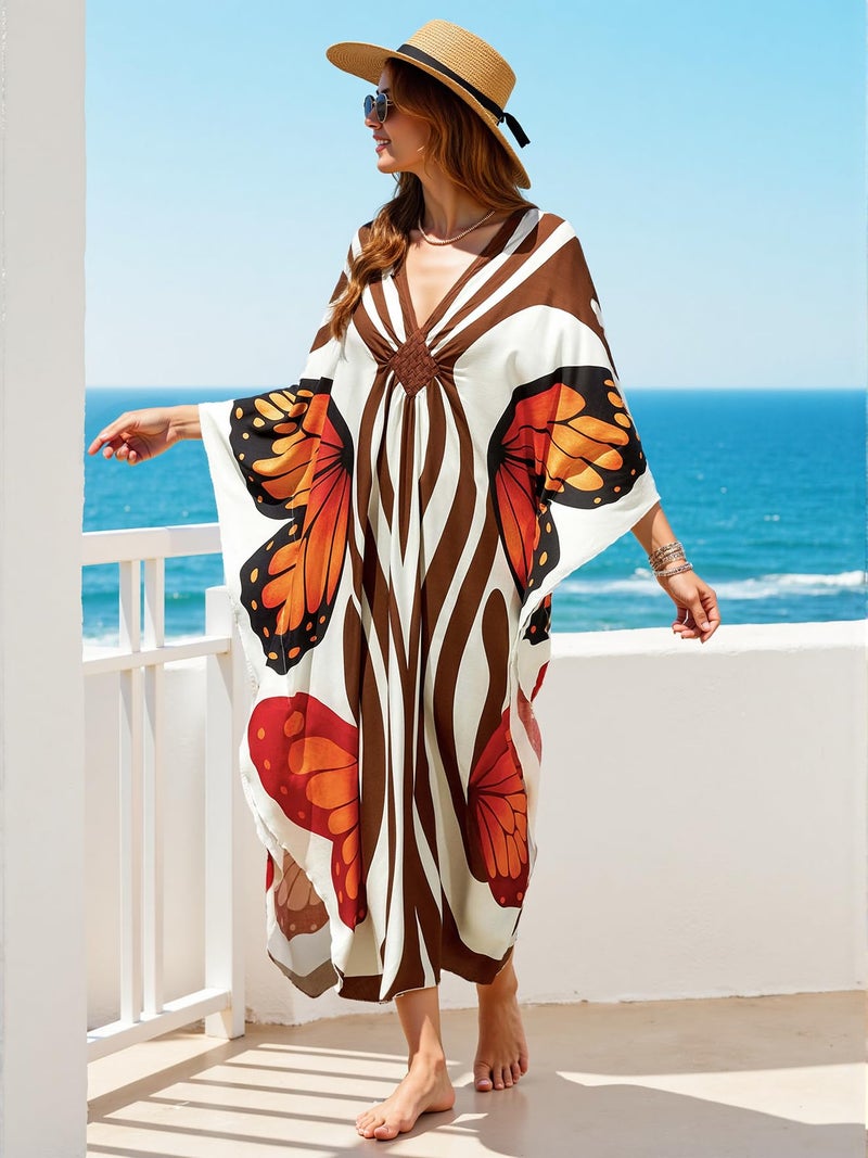 KECVOT Plus Size Women's Kaftan V-Neck Summer Maxi Swimsuit Coverup Moo Moos Beach Dress - Image 5