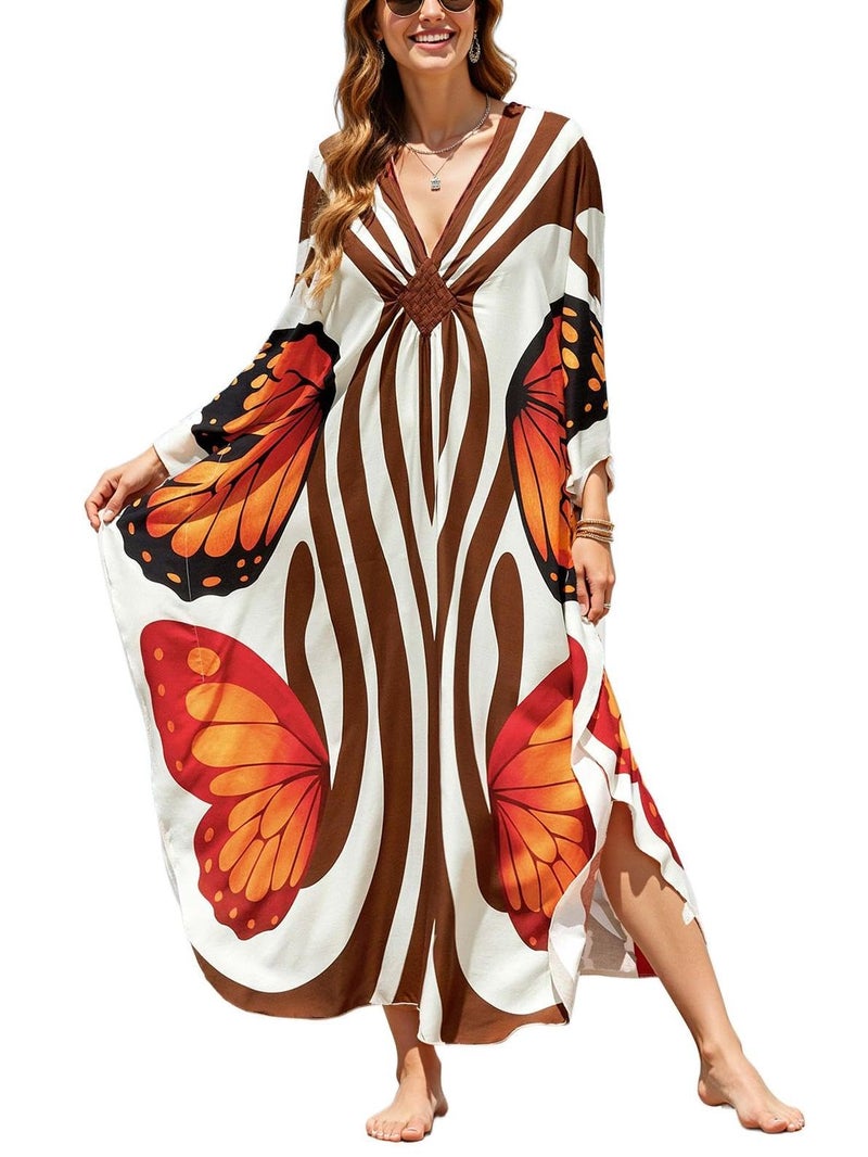 KECVOT Plus Size Women's Kaftan V-Neck Summer Maxi Swimsuit Coverup Moo Moos Beach Dress - Image 1