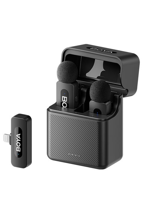 BOYA BY-V3 wireless microphone with charging case, noise cancelling lavalier microphone, mini microphone with 100M transmission, used for recording TikTok, YouTube content, creators, live broadcasts, interviews, recordings, iPhone, Android, smartphone, DSLR camera, laptop