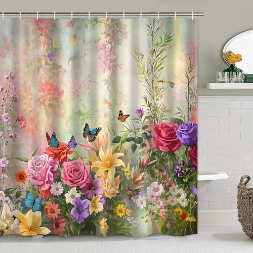 DDQQ 4Piece Butterfly Floral Shower Curtain Set Botanical Aesthetic Flower Bathroom Set with Shower Curtain and Rugs Cute Fun Decorative Bath Curtain with Hooks for Home Decor - Image 3