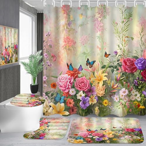 DDQQ 4Piece Butterfly Floral Shower Curtain Set Botanical Aesthetic Flower Bathroom Set with Shower Curtain and Rugs Cute Fun Decorative Bath Curtain with Hooks for Home Decor - Image 1