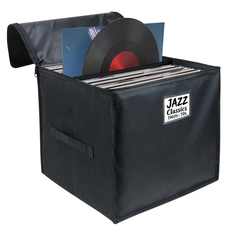 Bonnary Vinyl Record Storage Box, Waterroof Organizer Storage with Lid&Handles for 90 (12 inch) Single Records, Foldable Organizer for Valuable Album Collectio - Image 1