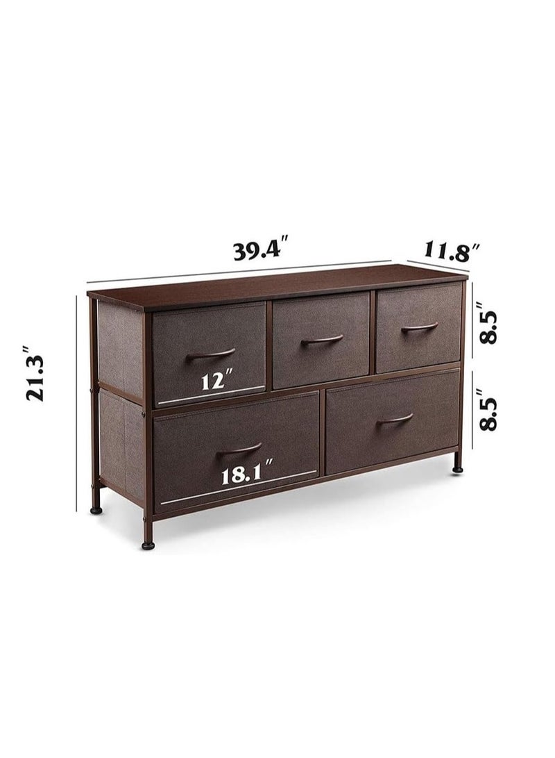Generic Wooden Chest Of Drawers, Fabric 5-Drawer Dresser Vanity Table with Steel Frame for Bedroom, Dressing Table Organizer with Wood Desktop, Multifunction Storage Cabinet for Closet Entryway Living Room.  - Image 2